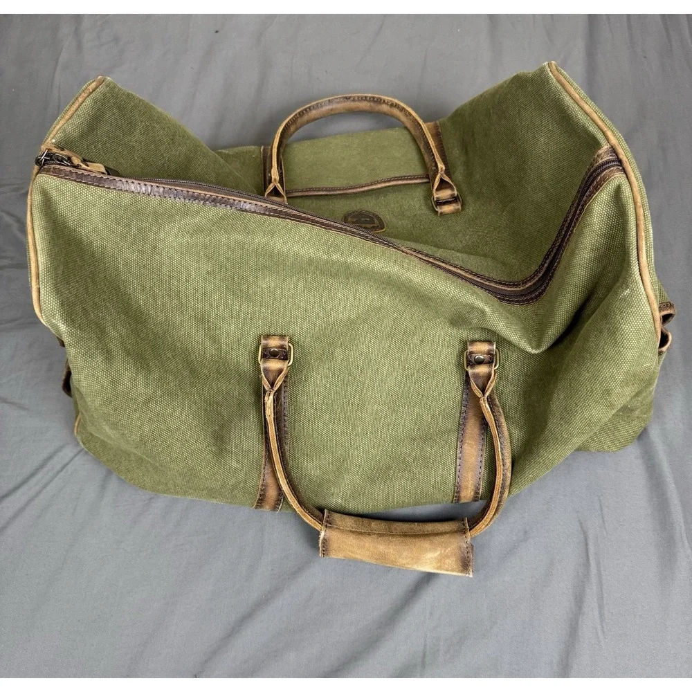 STS Ranchwear Large Duffle Bag Olive Green Canvas Leather Weekender Travel